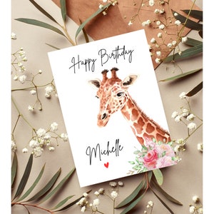 Cartão de aniversário personalizado com girafa, cartão em aquarela para amiga, tia, sobrinha, prima, mãe, irmã, qualquer idade, qualquer parentesco, nome personalizado, download digital