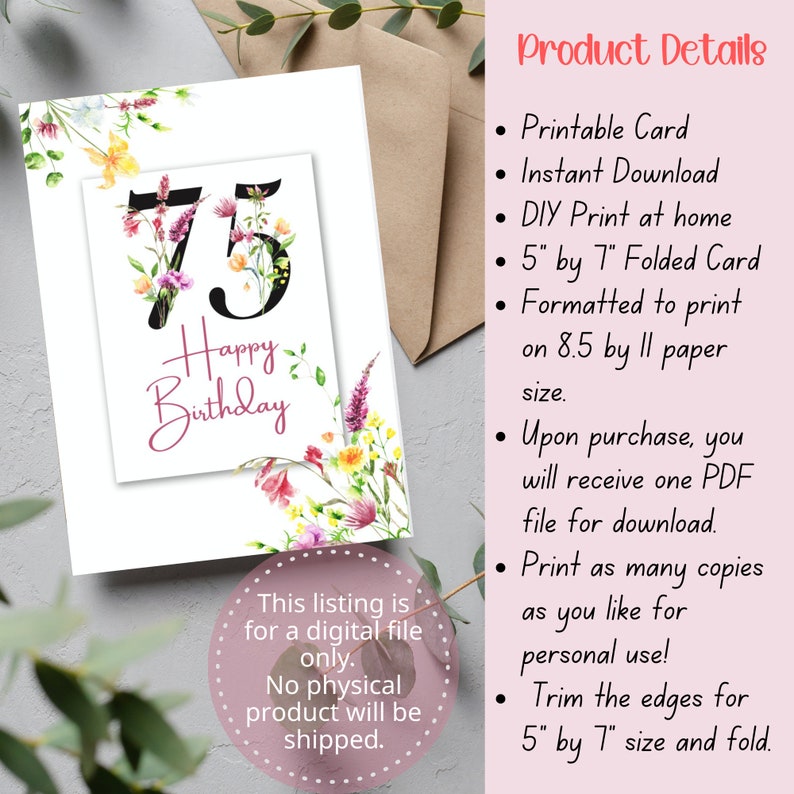Printable 75th Happy Birthday Card Instant Download Blank Interior 75th ...