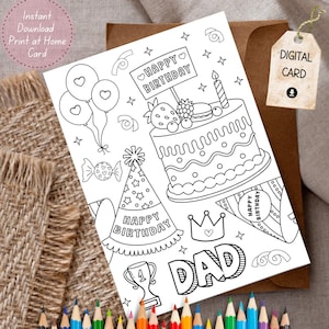 Dad Birthday Coloring Card Printable Download Kids Colouring Card for Daddy Print and Color Homemade Gift for Dad Cake Candles Birthday Card