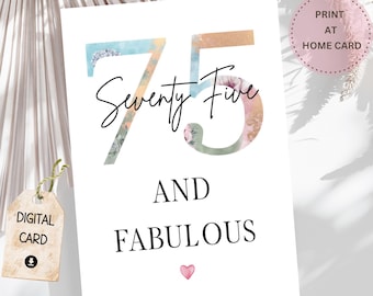 Printable 75th Happy Birthday Card DIY Instant Download Blank Interior 75th Birthday Milestone Card for Her Decorative Font Floral Numbers