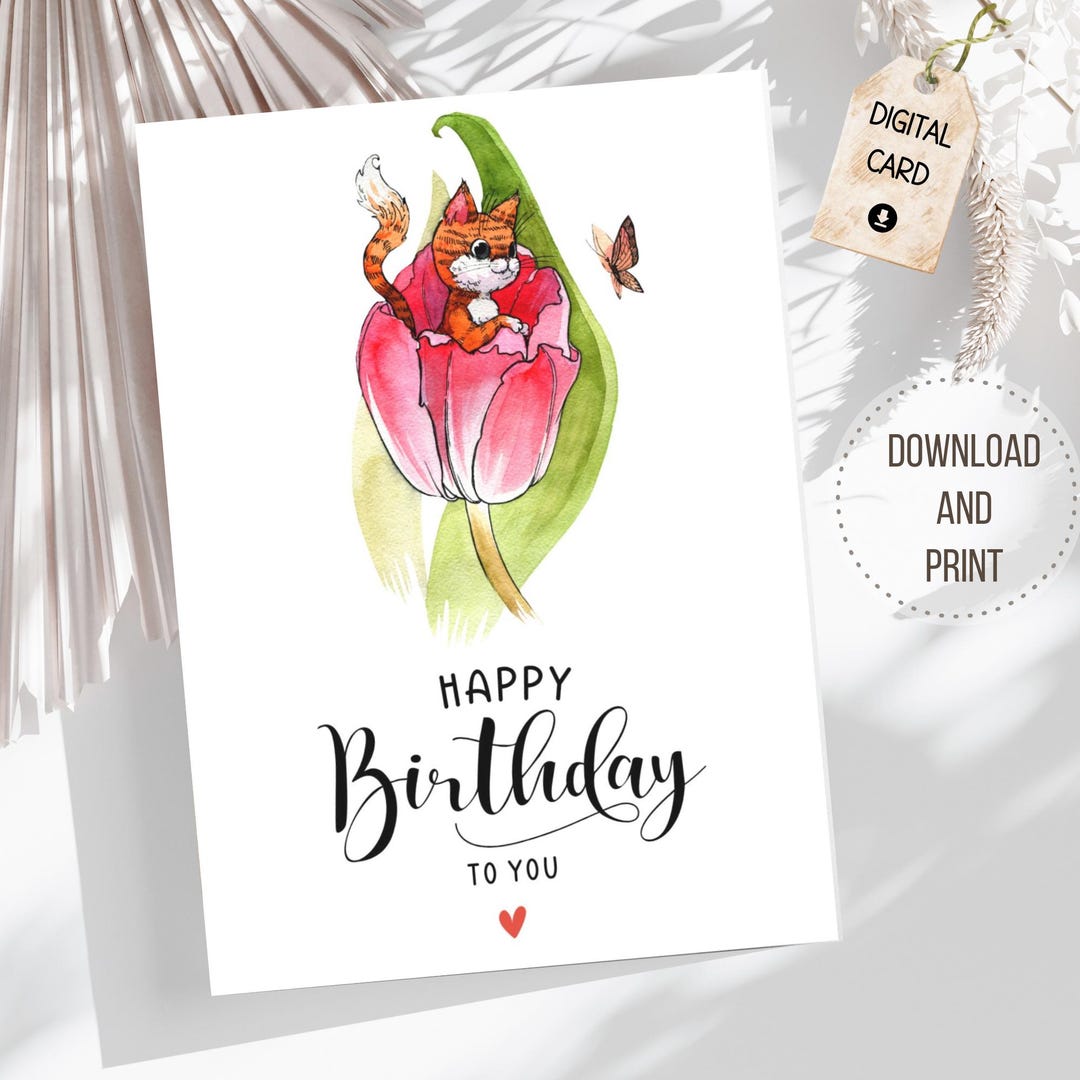 Cat in Flower Birthday Card Printable (digital Download) - Etsy