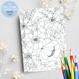 Scheda da colorare floreale / Fiori da colorare / Scheda da colorare per bambini / Scheda da colorare stampabile / Download immediato / Interno vuoto, scheda piegata 5x7