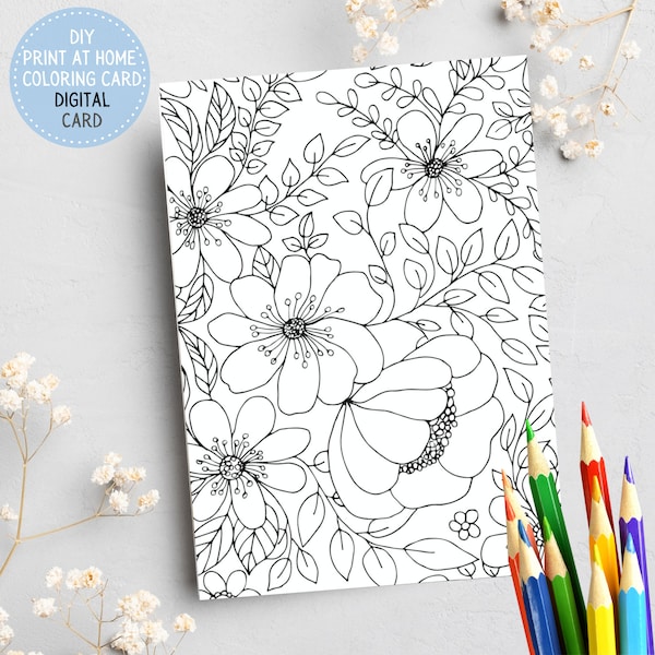 Floral Coloring Card | Coloring Flowers | Kids Coloring Card | Printable Coloring Card | Instant Download | Blank Interior, 5x7 Folded Card