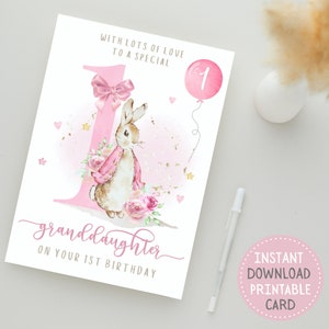 1er carte de joyeux anniversaire imprimable pour petite-fille | Téléchargement instantané | Carte d'anniversaire mignonne de Peter Rabbit | Carte pliée 5 x 7 | Carte vierge