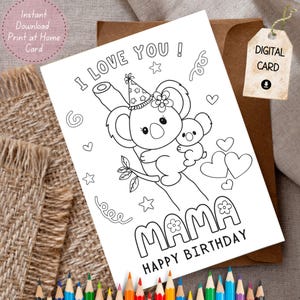 Feliz aniversário, mamãe, adorável cartão para colorir da criança, cumprimentos de aniversário para a mãe, coala, mãe e bebê, cartão divertido para colorir para crianças, presente para a mãe
