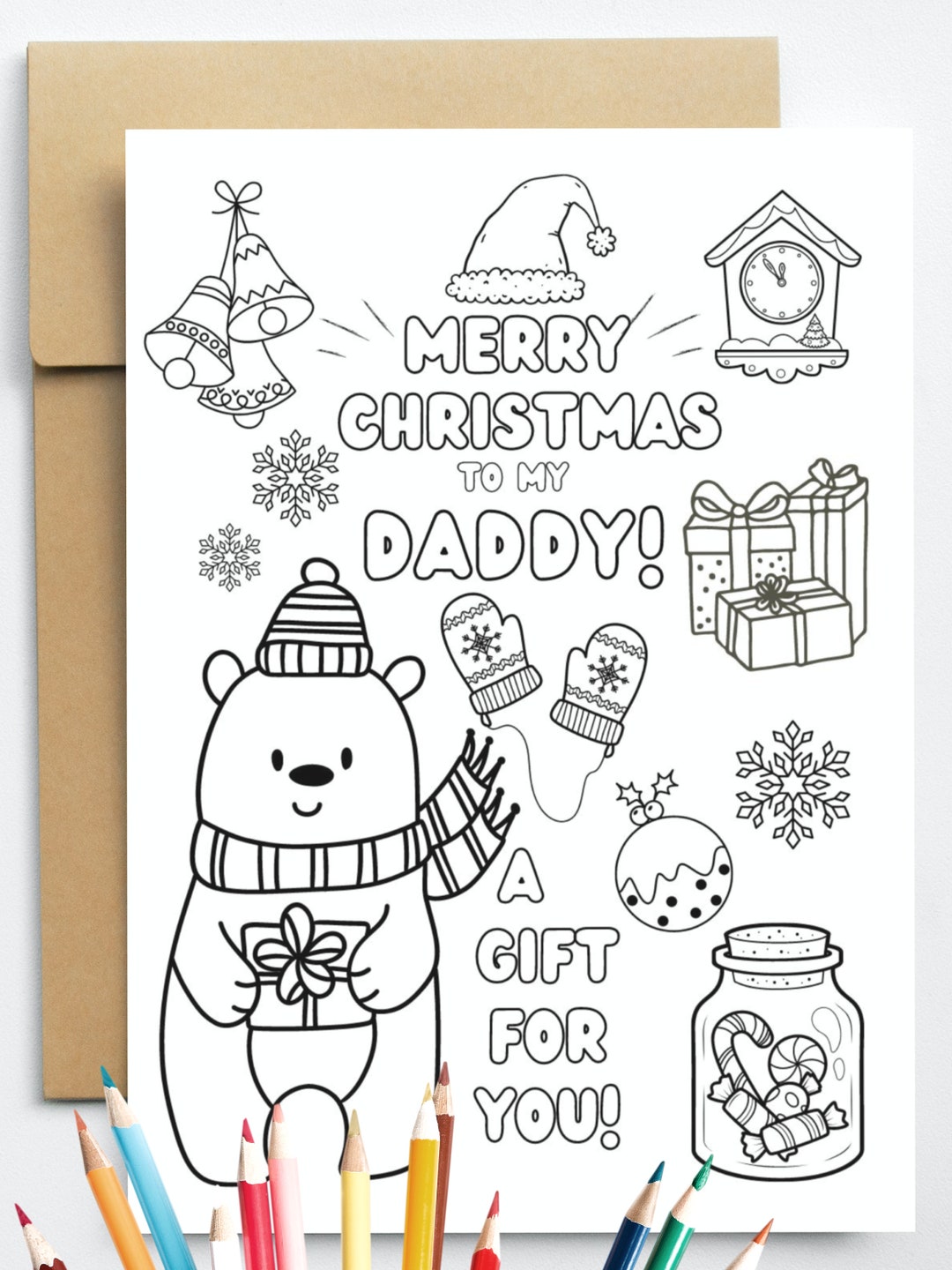 A Fun Coloring Printable Christmas Card From Child to Daddy, Instant ...