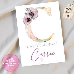 Cartão personalizado com monograma floral decorativo e nome personalizado, cartão de aniversário, faça você mesmo, baixe e imprima um cartão para mãe, irmã, amiga, prima, tia, sobrinha