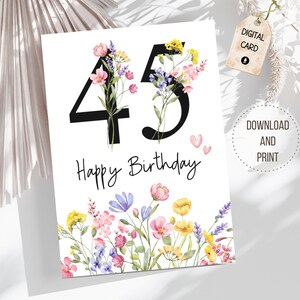 Carte imprimable 45e anniversaire 45e anniversaire carte vierge pour maman grand-mère amie Mimi belle-mère tante belle-mère Fleurs sauvages 45 ans