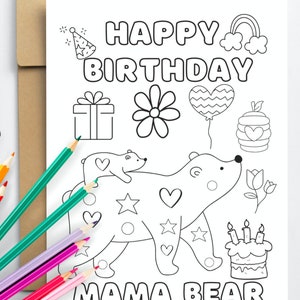 Zoete afdrukbare gelukkige verjaardag mama beer kleurplaat wenskaart, direct downloaden, leuke kaart van kinderen voor moeder