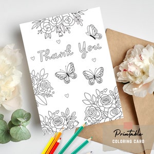 Tarjeta de agradecimiento para colorear, diseño de ramo de rosas, tarjeta de mariposa para niños o adultos, imprimible, hecha a mano, regalo casero, agradecimiento, gratitud
