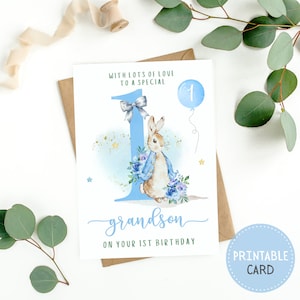 Glückwunschkarte zum 1. Geburtstag für Enkel | Sofortdownload | Niedliche Peter Rabbit Geburtstagskarte | 5x7 Klappkarte | Innen leer