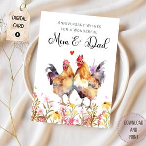 Afdrukbare verjaardagskaart voor papa en mama Instant download Kippen kip haan gelukkige verjaardagswensen voor ouders Digitale download