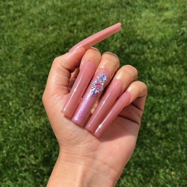 3XL Square with Jewels Extra Long Glitter Pink Gem Nails - Extra Long Press On Nails - all sizes - Square long Nails