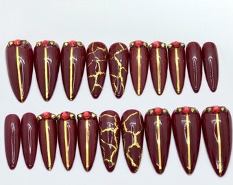 20pcs Press On Nail - Maroon and Gold full set gel sharp almond shape