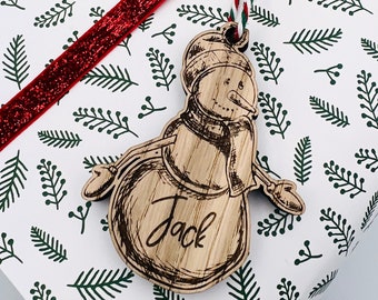 Personalized Snowman Wooden Christmas Gift Tag – Oak Name Tag