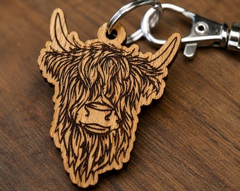 Llavero de madera con diseño de vaca de las Tierras Altas / Regalo con diseño de vaca de las Tierras Altas / Llavero grabado / Regalo escocés / Regalo para amantes de los animales de granja / Llavero de madera / Amante de las vacas