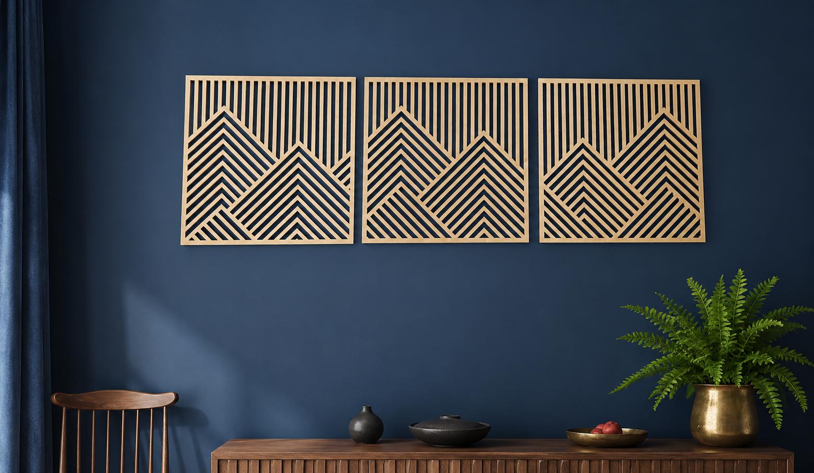 Geometric Wooden Wall Art - Mountain Range - Home Decor - 3 Piece Panel ...