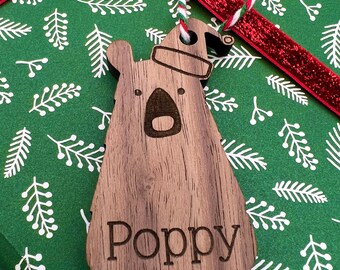 Christmas Personalised Wooden Bear Gift Tag Name Tags - Christmas Present Name Tags - Wooden Gift Tag Names - Tree Decoration