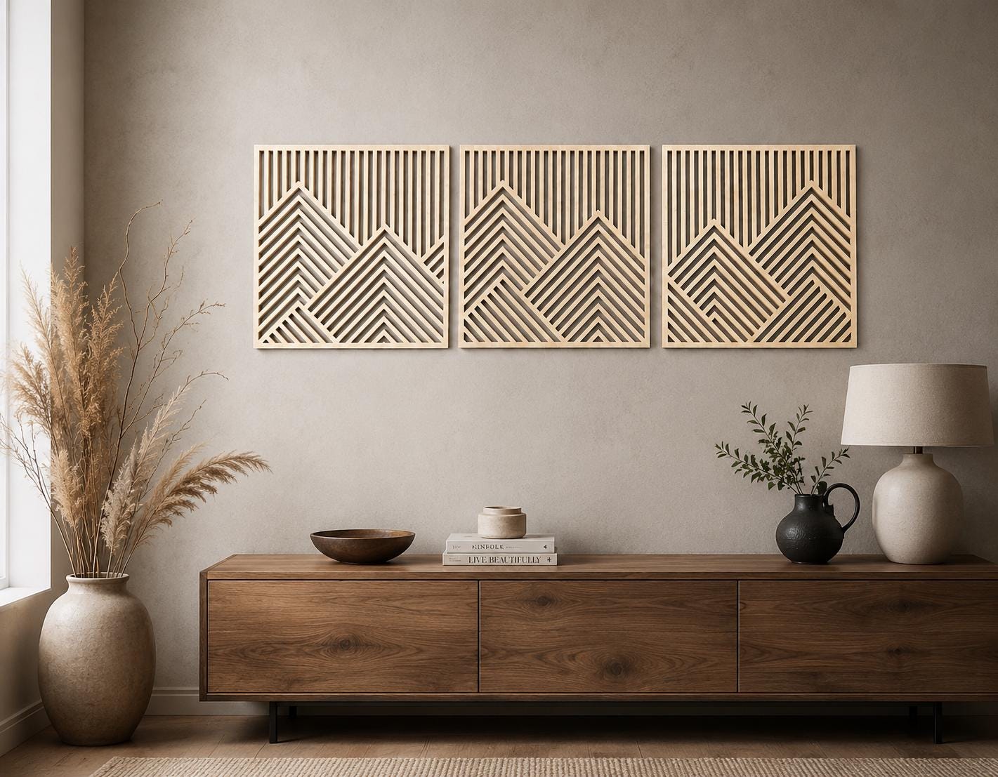 Geometric Wooden Wall Art - Mountain Range - Home Decor - 3 Piece Panel ...