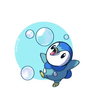 May include: Illustration of a cartoon penguin with blue and white feathers, set against a light blue background with bubbles. The penguin is smiling with its tongue out, and the bubbles are translucent.