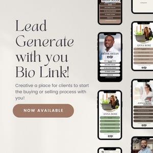 May include: A graphic with the text "Lead Generate with you Bio Link!" and the text "Creative a place for clients to start the buying or selling process with you!"  The graphic also includes a button that says "NOW AVAILABLE".  The graphic also includes several screenshots of mobile phone screens with the text "FRANK OCEAN exp" and "ANNA BOSE exp".