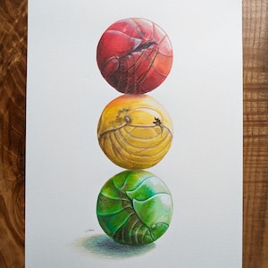May include: A watercolor painting of three stacked spheres. The top sphere is red, the middle sphere is yellow, and the bottom sphere is green. Each sphere has a unique pattern and texture.
