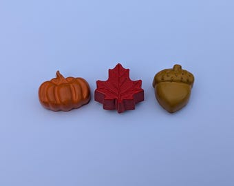 Set of 3 Autumnal Fridge Magnets: hand painted pumpkin leaf acorn refrigerator magnets