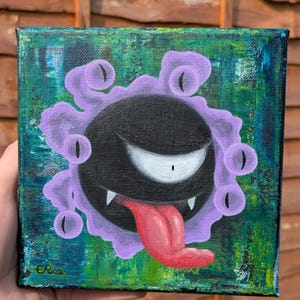 D&D Beholder Pokémon Crossover | Klassiek monster met inspiratie van de geest Gastly | Origineel acrylschilderij van 6 x 6 inch op gespannen canvas