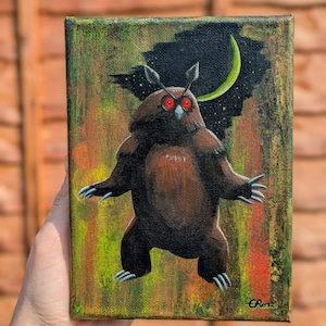 D&D Owlbear Pokémon Crossover | Uilbeermonster geïnspireerd door Hoothoot en Ursaring | Origineel acrylschilderij van 5 x 7 inch op gespannen doek