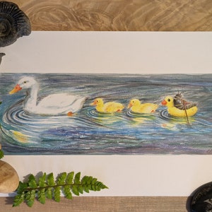 May include: A watercolor painting of a white duck leading a line of three yellow rubber ducklings. The ducklings are followed by a yellow rubber duck with a black beetle riding on top. The painting is set against a blue and white water background.