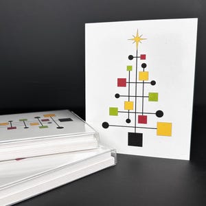 Tarjetas navideñas con diseño de árbol de Navidad impreso de mediados de siglo, juego de 8 con sobres, feliz Navidad en el interior