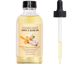 Vanilla Sugar Sandalwood Body & Hair Oil – Warm Cozy Hydrating Oil with Jojoba, Sweet Almond, Vitamin E for Glowing Skin and Silky Hair, 4oz