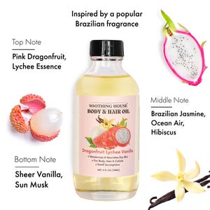 May include: A clear glass bottle of Soothing House Body & Hair Oil with a black cap. The label features a dragonfruit and vanilla design. The image includes dragonfruit, lychee, vanilla, and hibiscus, with text indicating the fragrance notes.