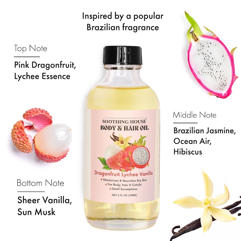 May include: A clear glass bottle of Soothing House Body & Hair Oil with a black cap. The label features a dragonfruit and vanilla design. The image includes dragonfruit, lychee, vanilla, and hibiscus, with text indicating the fragrance notes.