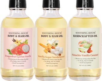 Brazilian Inspired Body Oil Trio – Pistachio Vanilla Caramel, Dragonfruit Lychee Vanilla & Vanilla Sugar Sandalwood Hydrating Oils, 4oz Each