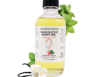 Handcrafted Peppermint Swirl Body Oil for Moisturizing, Glistening, Silky and Smoothing Skin Gift for her, Gift for Mom, Gift for Girlfriend