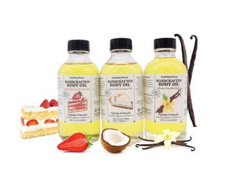Best Selling Trio Bundle: Coconut Cream Body Oil, Vanilla Bean Body Oil & Strawberry Shortcake Body Oil