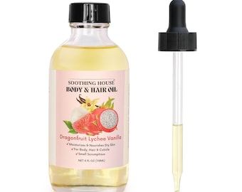 Dragonfruit Lychee Vanilla Body & Hair Oil, Brazilian Inspired Hydrating Oil for Radiant Skin and Smooth Hair, 4oz Natural Moisturizer
