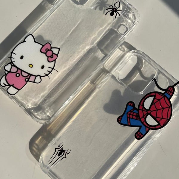 Spiderman and  Hello Kitty Transparent Cover Couple Phone Cases, Matching Phone Cover, for Android and İOS Devices, iphone, Samsung, Xiaomi