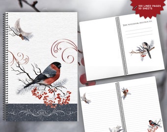 Cute Illustrated Winter Theme Spiral Bound Notebook Pretty Birds Jotter Notepad Lined Journal Ruled To-Do Nature Lover Author Writer Gift