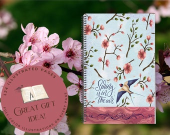 Pretty Lined Spiral Notebook Journal. Illustrated Jotter Notepad. Spiral Notebook Bird, Spring Theme. Writer Gift. Author Gift for Her.