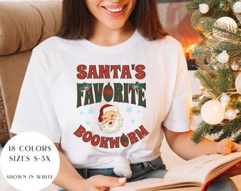 Cute Retro Bookish T-shirt. Gift for Book Lovers, Authors, Librarians, Teachers, Writers, Bookworms, Readers. (Santa's Favorite Bookworm)