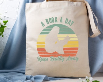Retro Book Lover Tote Funny Bookworm Totebag Bookish Quote Sturdy Canvas Shoulder Bag Book a Day Keeps Reality Away Writer Gift Librarian