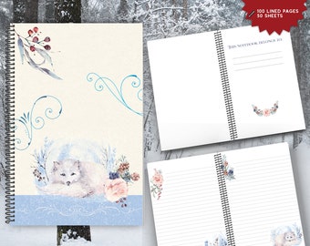Cute Illustrated Arctic Fox Spiral Bound Notebook Winter Snow Theme Jotter Notepad Lined Journal Ruled To-Do Nature Lover Author Writer Gift