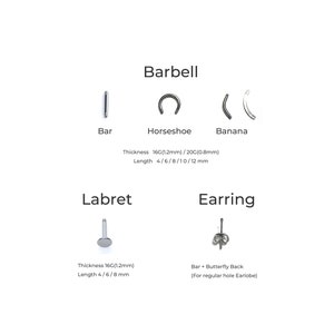 May include: Diagram showing different types of body jewelry, including barbell, labret, and earring styles. The image includes illustrations of the jewelry pieces and text describing the different types, sizes, and thicknesses.