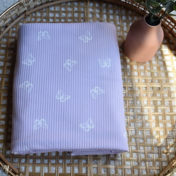 lilac butterfly rib knit fabric - 4x2 rib knit fabric - soft fabric - fabric by the yard - yummy rib