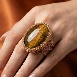 Tigers Eye Chunky Stone Ring, Bold Oversized Cocktail Ring, Sculptural Statement Ring, Empath Protection Jewelry