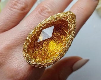 Huge Gold Filled Swarovski Crystal Ring: Yellow Citrine Statement