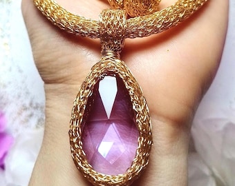 Vintage Swarovski Crystal Necklace, Big Purple Amethyst Teardrop Pendant, Statement Cocktail Jewelry, Unique Handmade Jewelry Gift for Her
