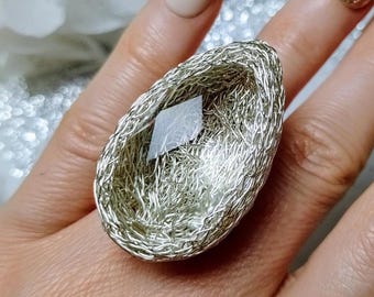 Chunky Clear Quartz Ring: Sterling Silver Cocktail Statement Ring, Vintage Style Jewelry